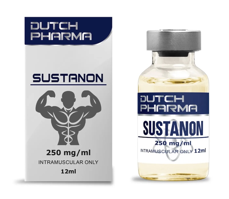 Afbeelding van het doosje en de 12 ml vial Sustanon van Dutch Pharma, een injecteerbare mix van testosteronesters voor hormonale therapie en spiergroei.