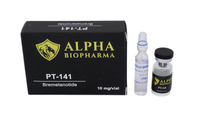 PT-141 10 mg - Doosje met steriel water en peptide vial van Alpha BioPharma.