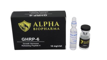 GHRP-6 10 mg - Doosje met steriel water en peptide vial van Alpha BioPharma.