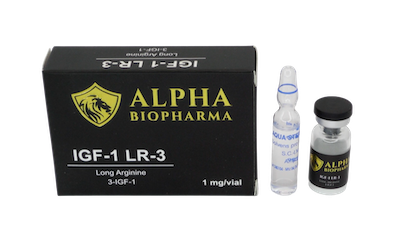 IGF-1 LR3 0,1 mg - Doosje met steriel water en peptide vial van Alpha BioPharma.