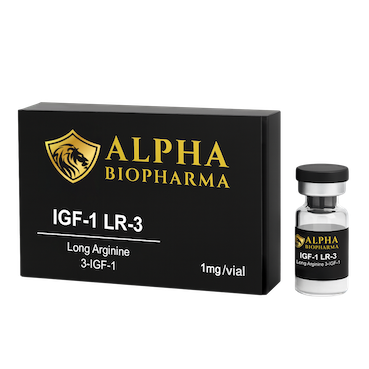 Linker zijaanzicht van IGF-1 LR3 flacon en doosje – Alpha BioPharma peptide
