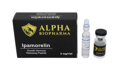 Ipamorelin 5 mg - Doosje met steriel water en peptide vial van Alpha BioPharma.