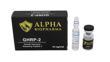 GHRP-2 10 mg - Doosje met steriel water en peptide vial van Alpha BioPharma.