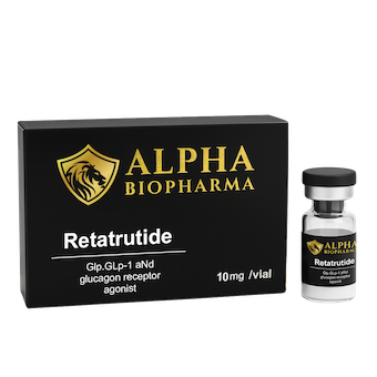 Retatrutide 10 mg peptide vial met doosje – rechtsvoor perspectief