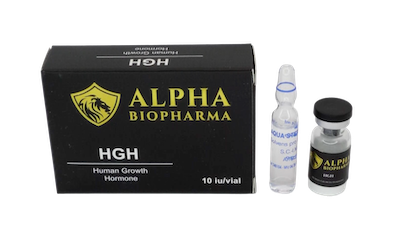 HGH 10 iu - Doosje met steriel water en peptide vial van Alpha BioPharma.