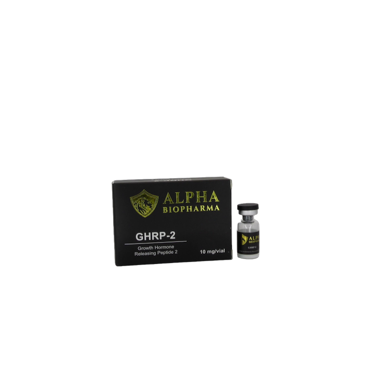 GHRP-2 10 mg - Doosje met steriel water en peptide vial van Alpha BioPharma. Linker vooraanzicht