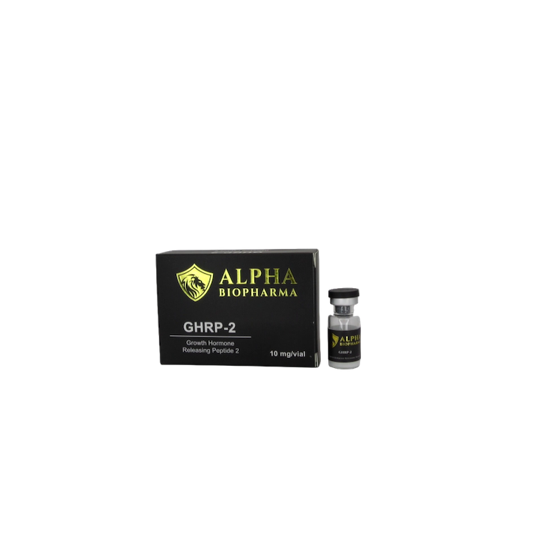 GHRP-2 10 mg - Doosje met steriel water en peptide vial van Alpha BioPharma.