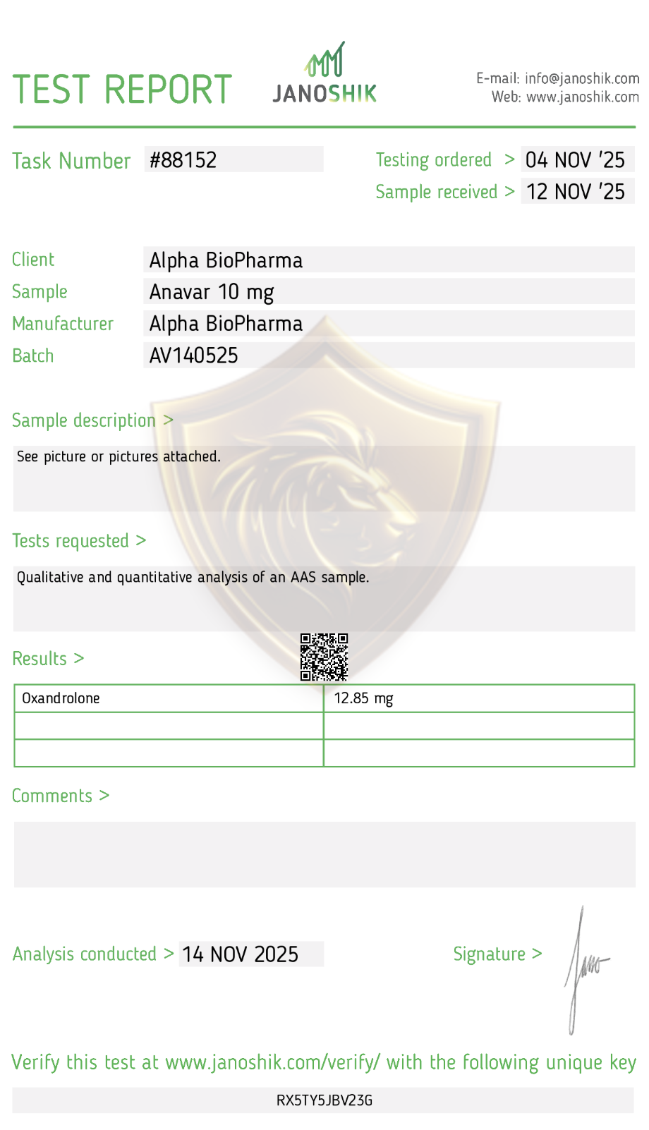 Janoshik labtest van Anavar