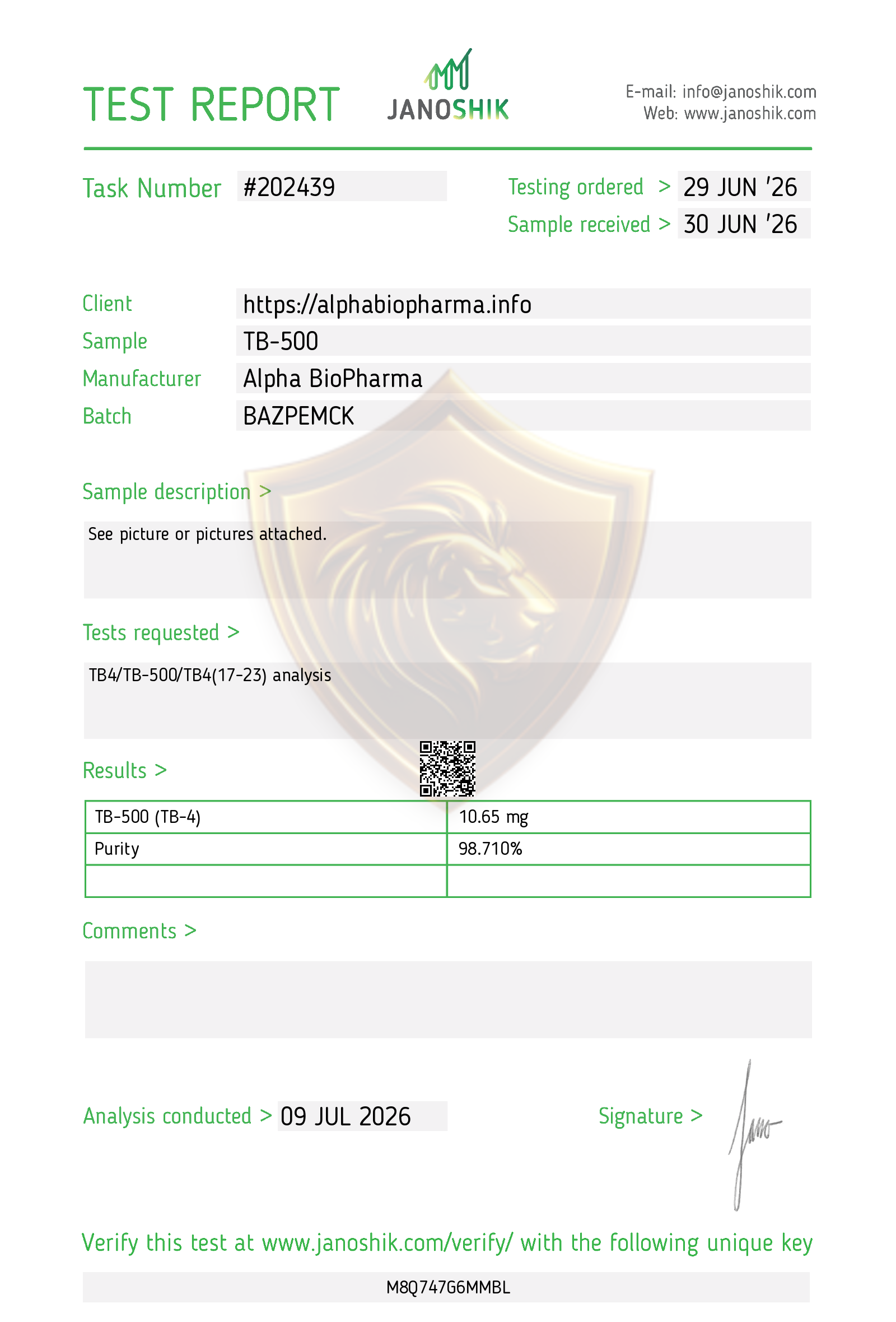 Janoshik test rapport van TB-500 van Alpha BioPharma