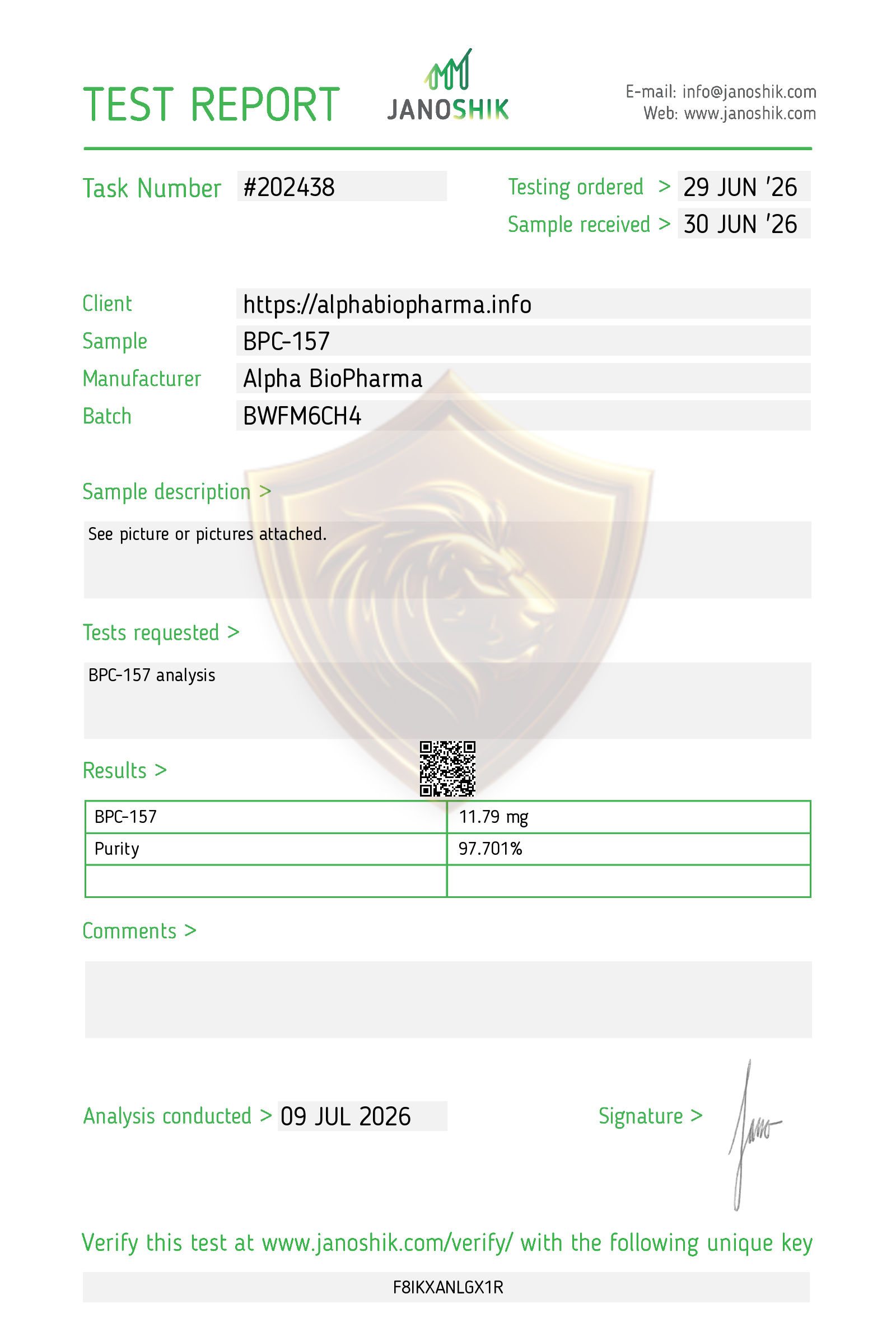 Janoshik test rapport BPC-157 van Alpha BioPharma