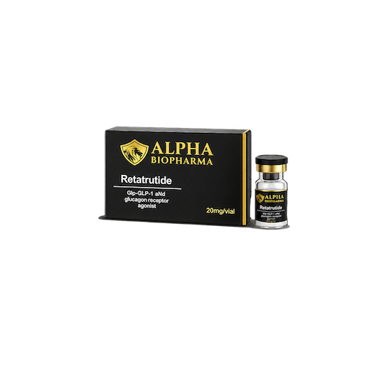 Vooraanzicht van een verpakking Retatrutide 20 mg van Alpha BioPharma