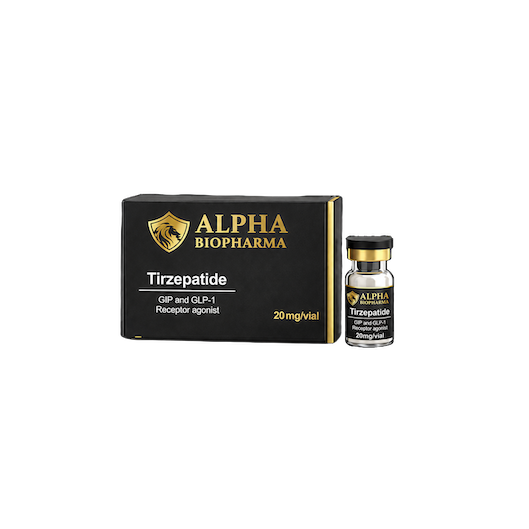 Een verpakking Tirzepatide 20 mg van Alpha BioPharma vanaf de voorzijde.