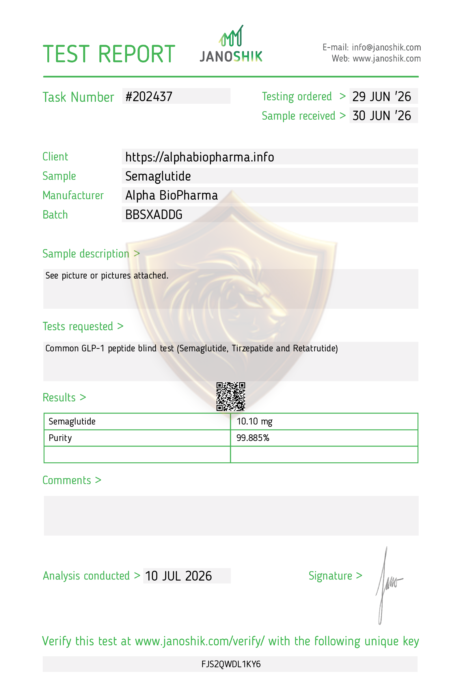 Janoshik test rapport Semaglutide 10 mg van Alpha BioPharma