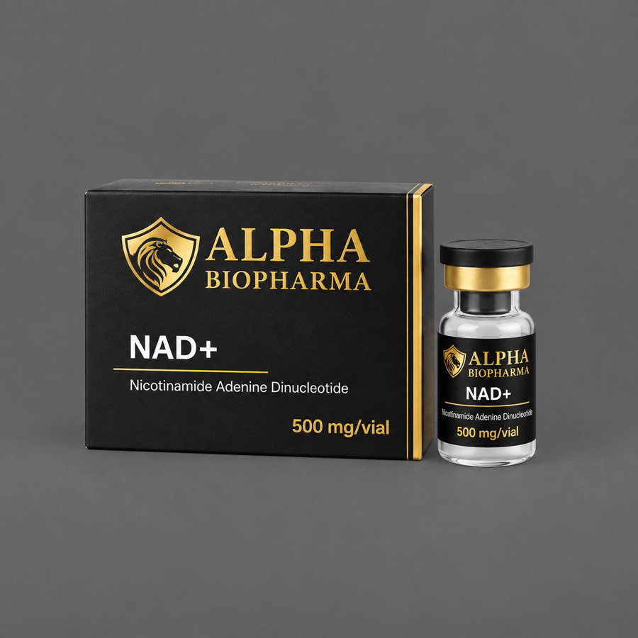 NAD+ 500 mg vial van Alpha BioPharma met productverpakking